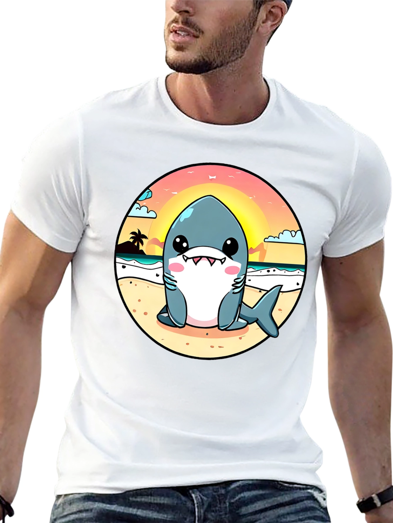Cute Cartoon Shark on Beach T-Shirt