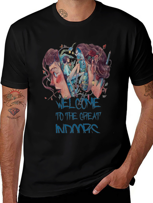 Unique Graphic Print Tee - Welcome To The Great Indoors