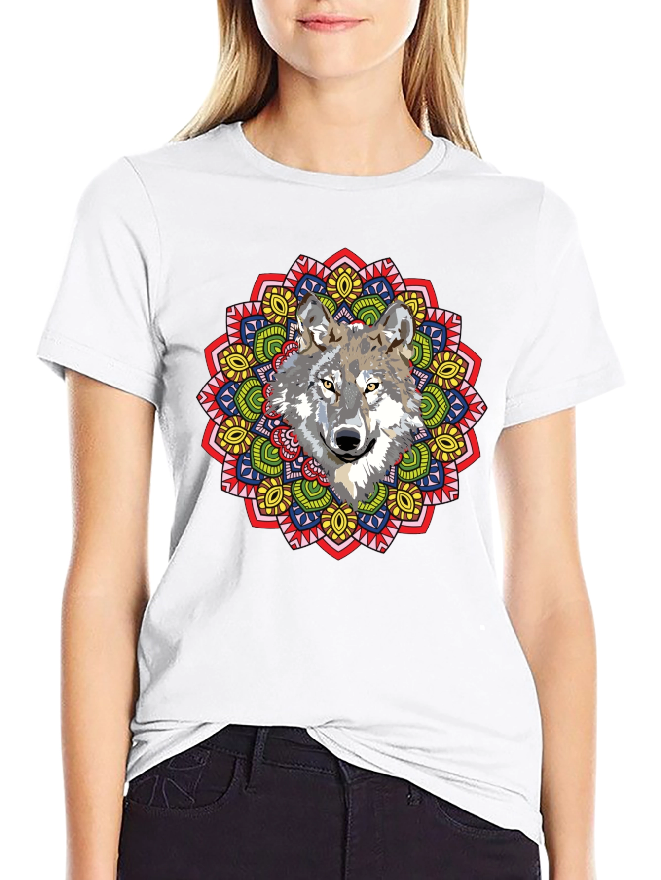 Wolf Mandala Graphic Print Black T-Shirt