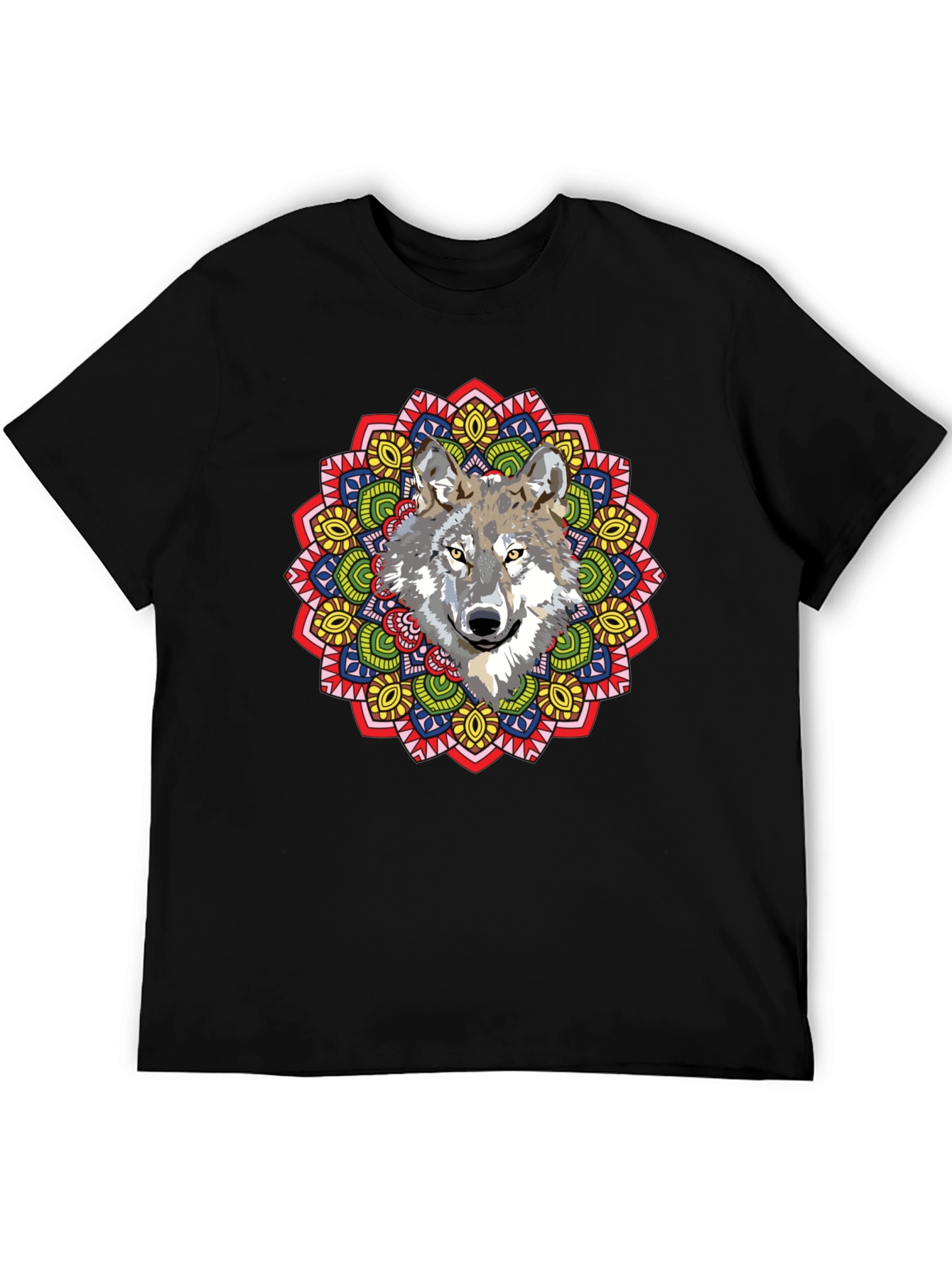 Wolf Mandala Graphic Print Black T-Shirt