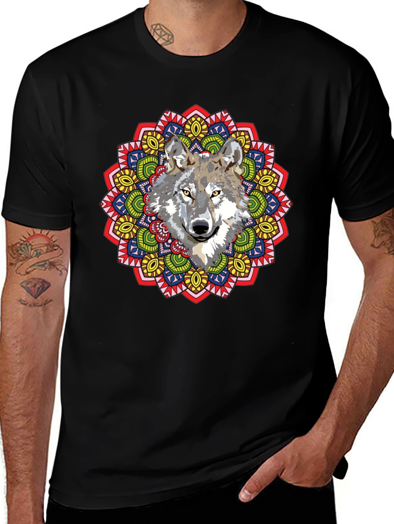 Wolf Mandala Graphic Print Black T-Shirt