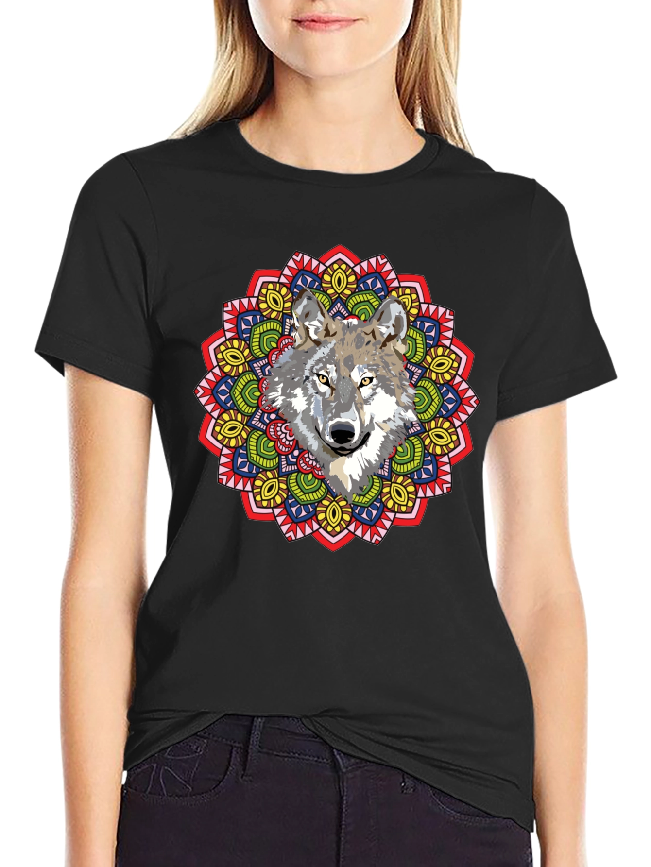 Wolf Mandala Graphic Print Black T-Shirt