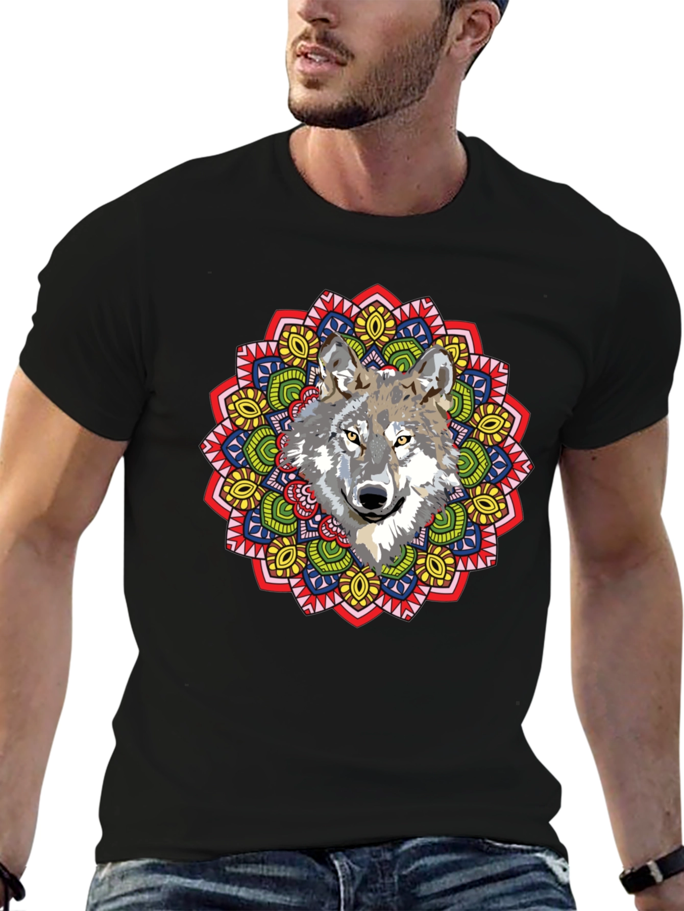 Wolf Mandala Graphic Print Black T-Shirt