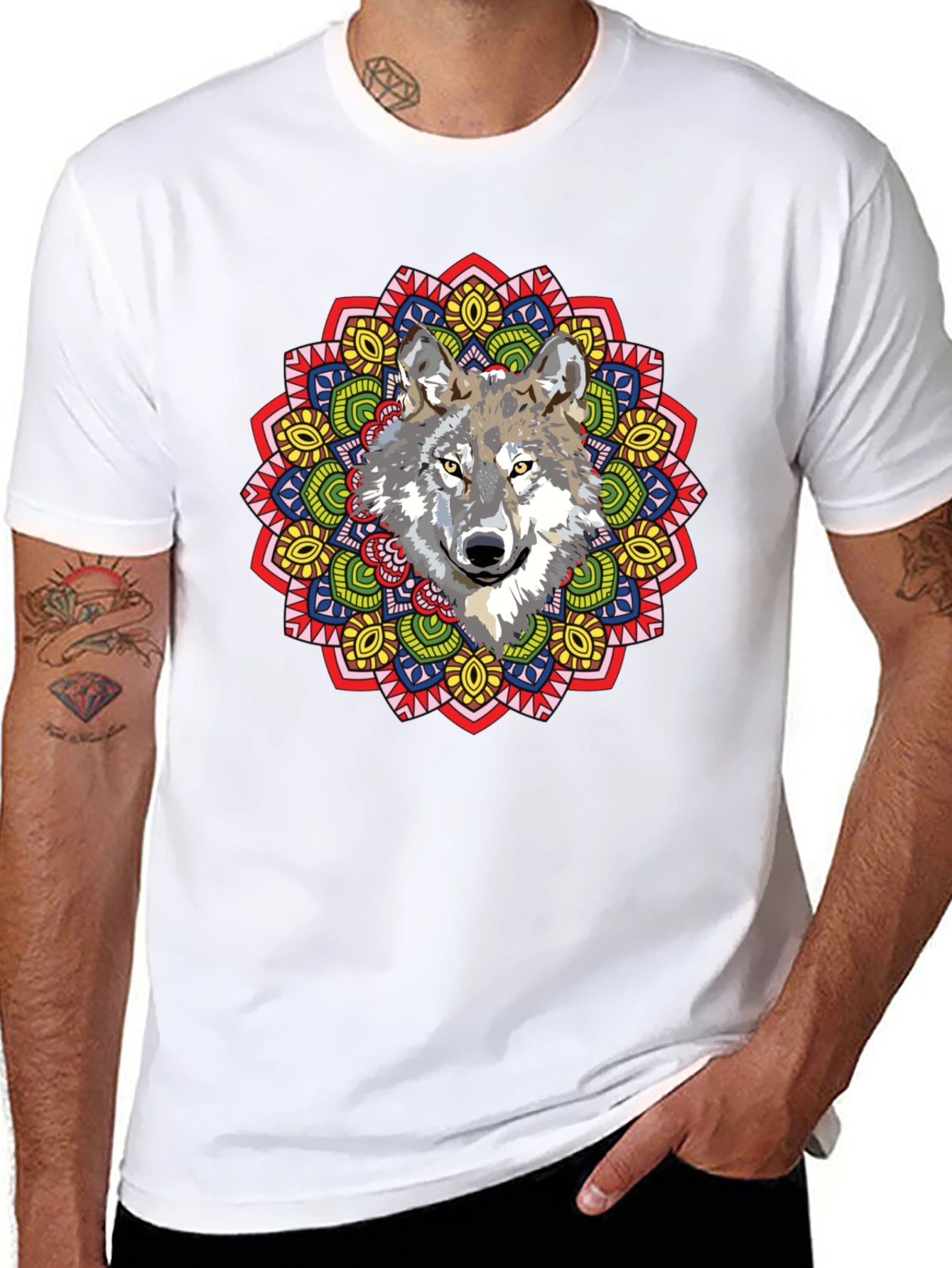 Wolf Mandala Graphic Print Black T-Shirt