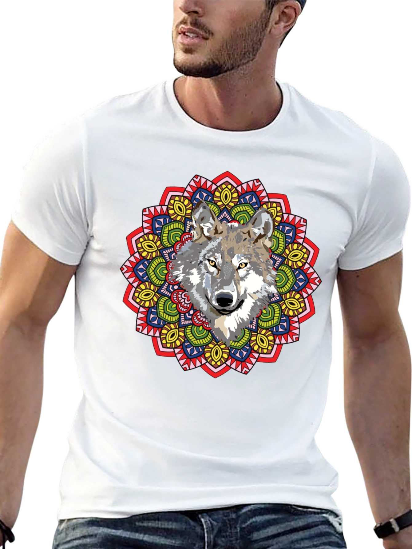 Wolf Mandala Graphic Print Black T-Shirt