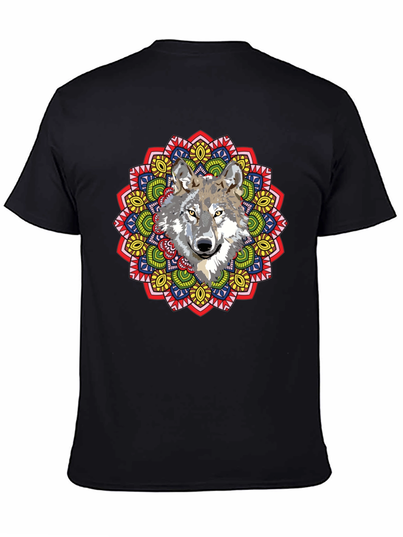Wolf Mandala Graphic Print Black T-Shirt