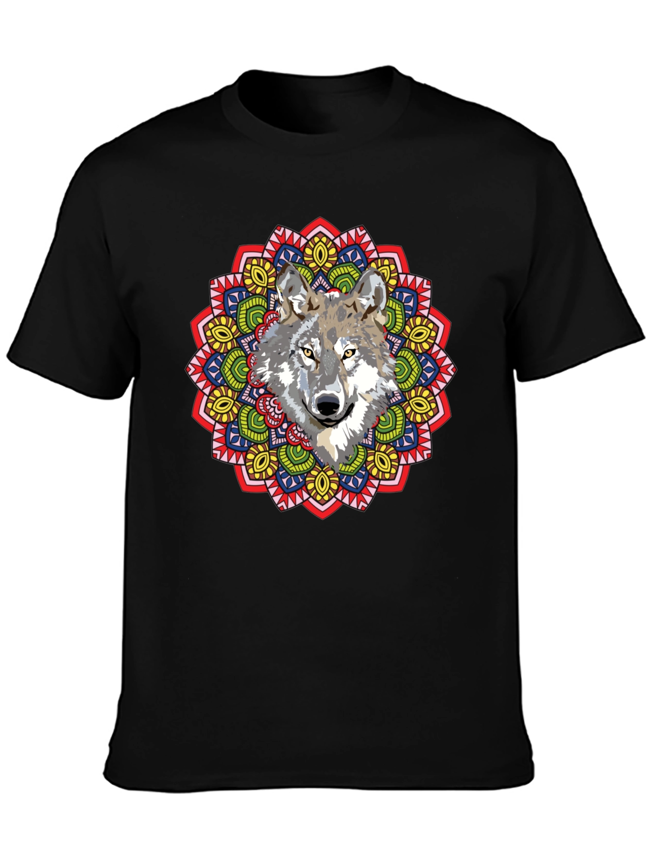 Wolf Mandala Graphic Print Black T-Shirt