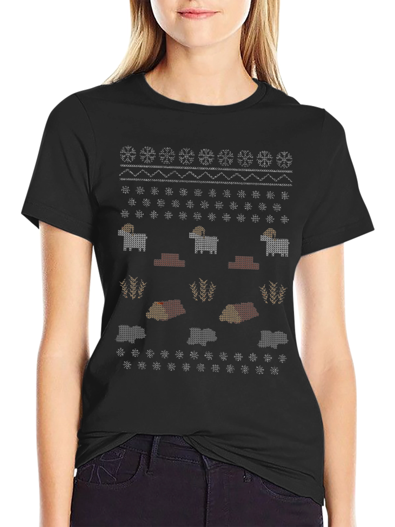 Novelty Knitted Sheep Pattern Black T-Shirt