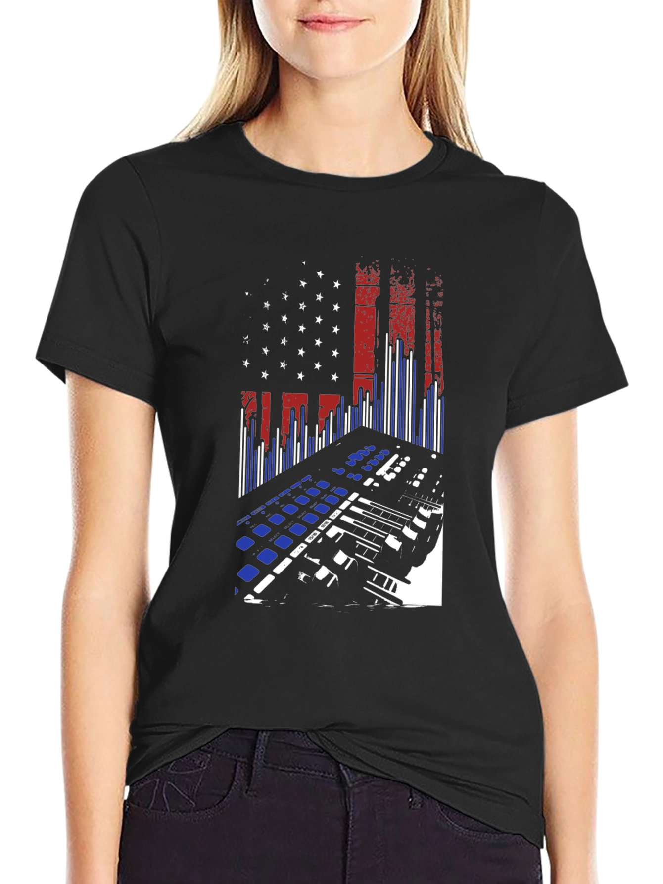 American Flag DJ Keyboard Black T-Shirt