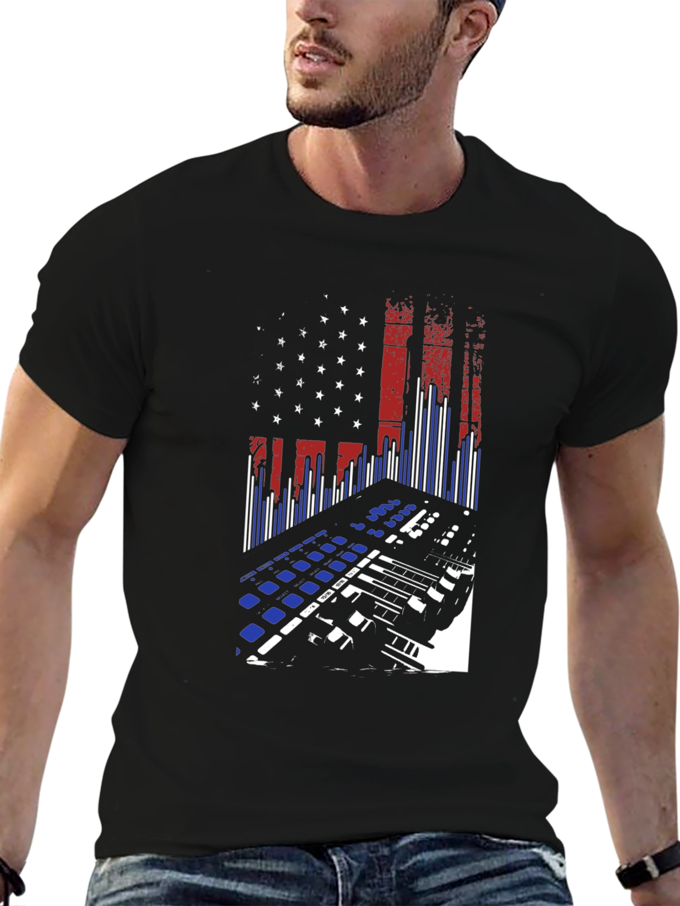 American Flag DJ Keyboard Black T-Shirt
