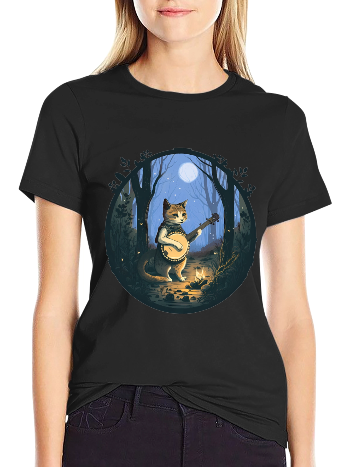 Banjo Cat T-Shirt - Forest Moonlight Design