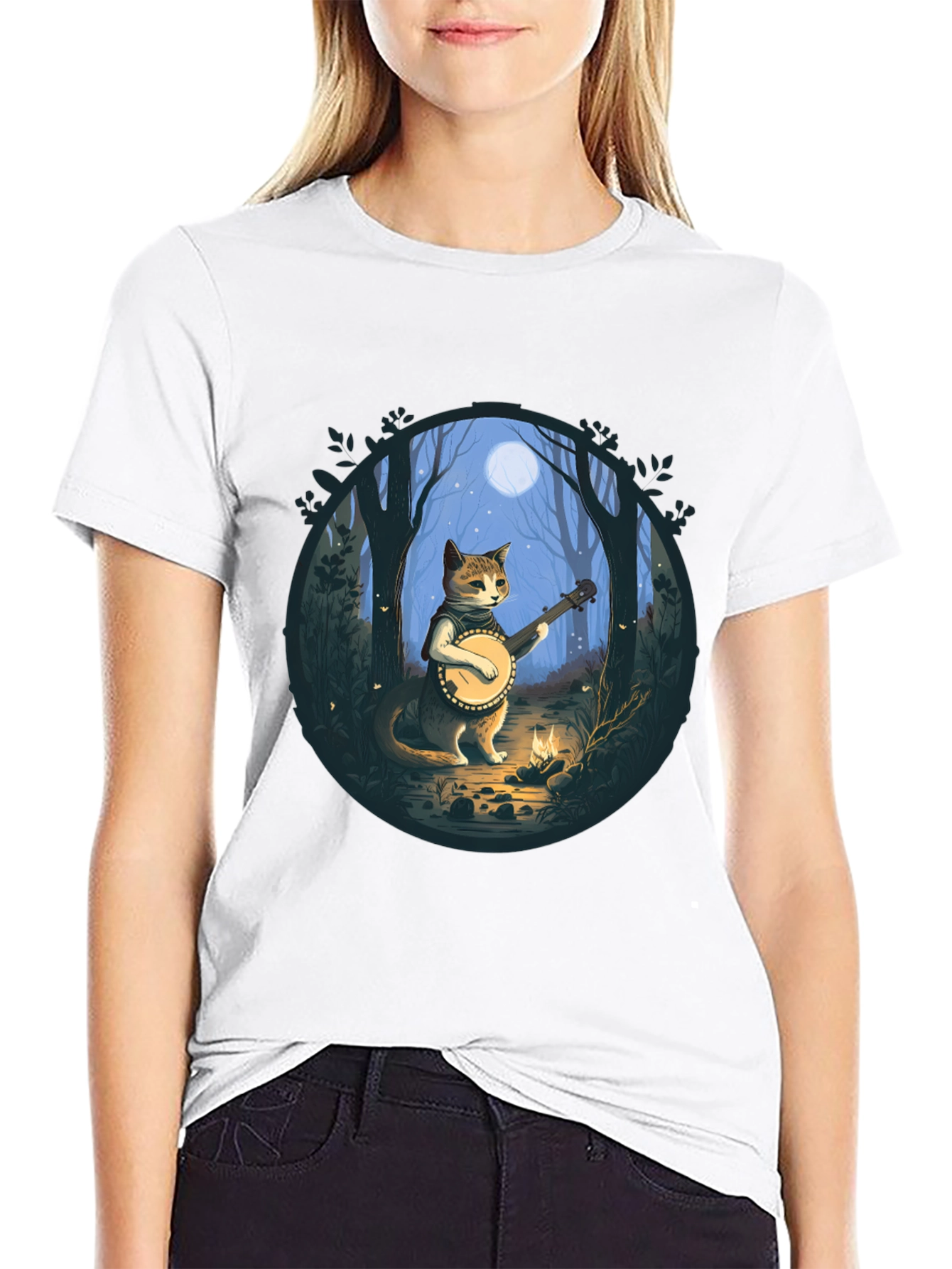 Banjo Cat T-Shirt - Forest Moonlight Design