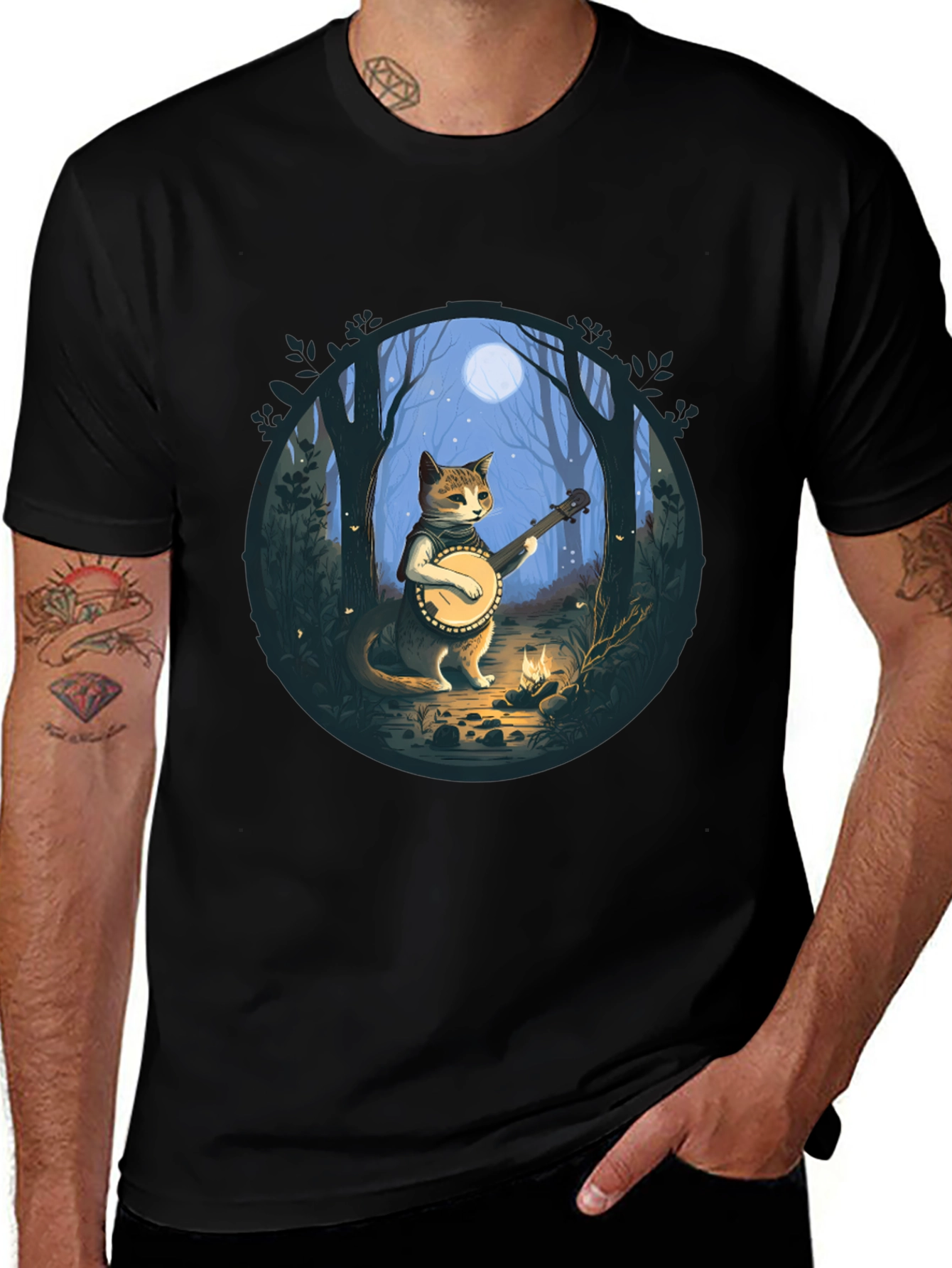 Banjo Cat T-Shirt - Forest Moonlight Design