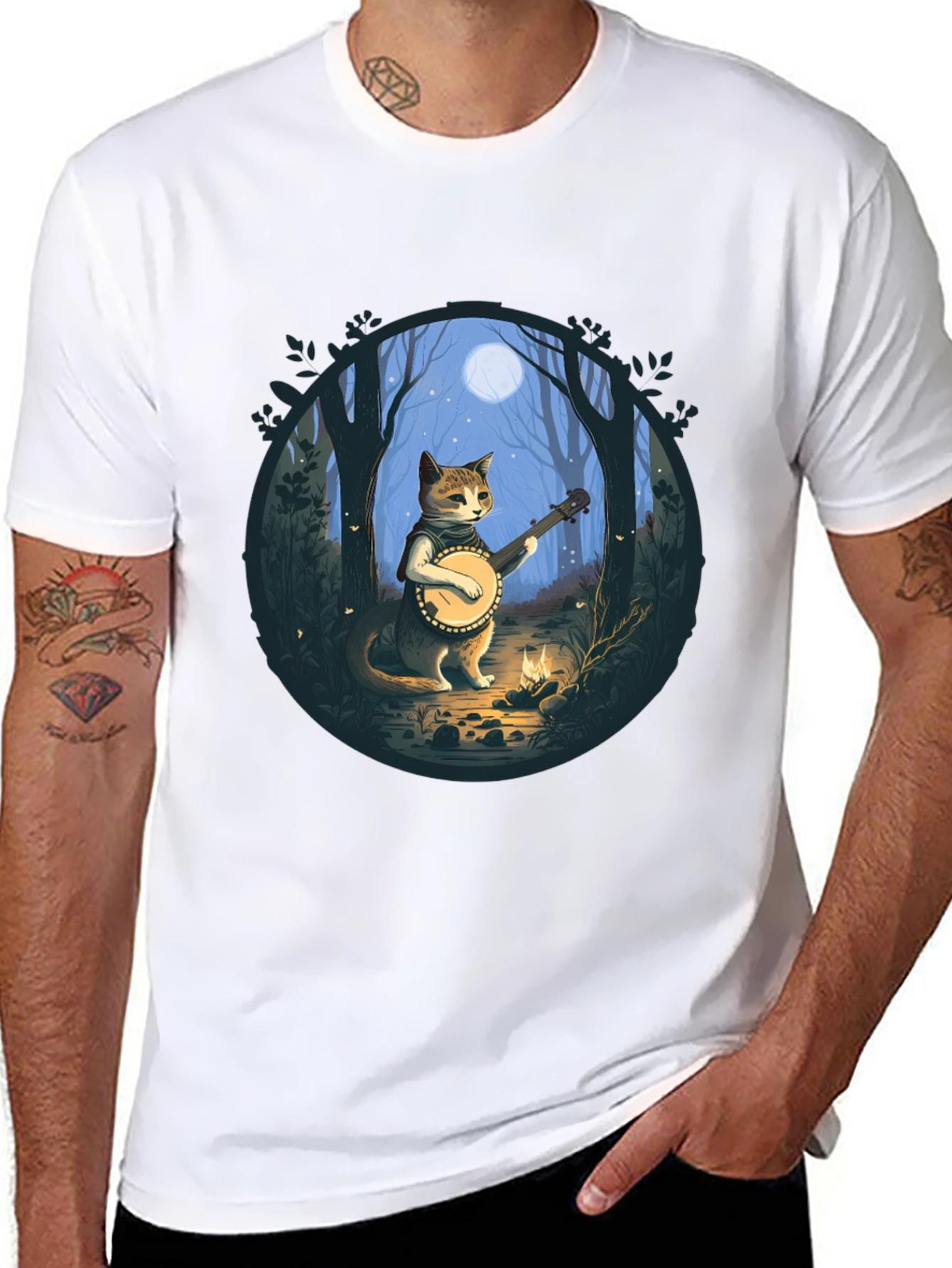 Banjo Cat T-Shirt - Forest Moonlight Design