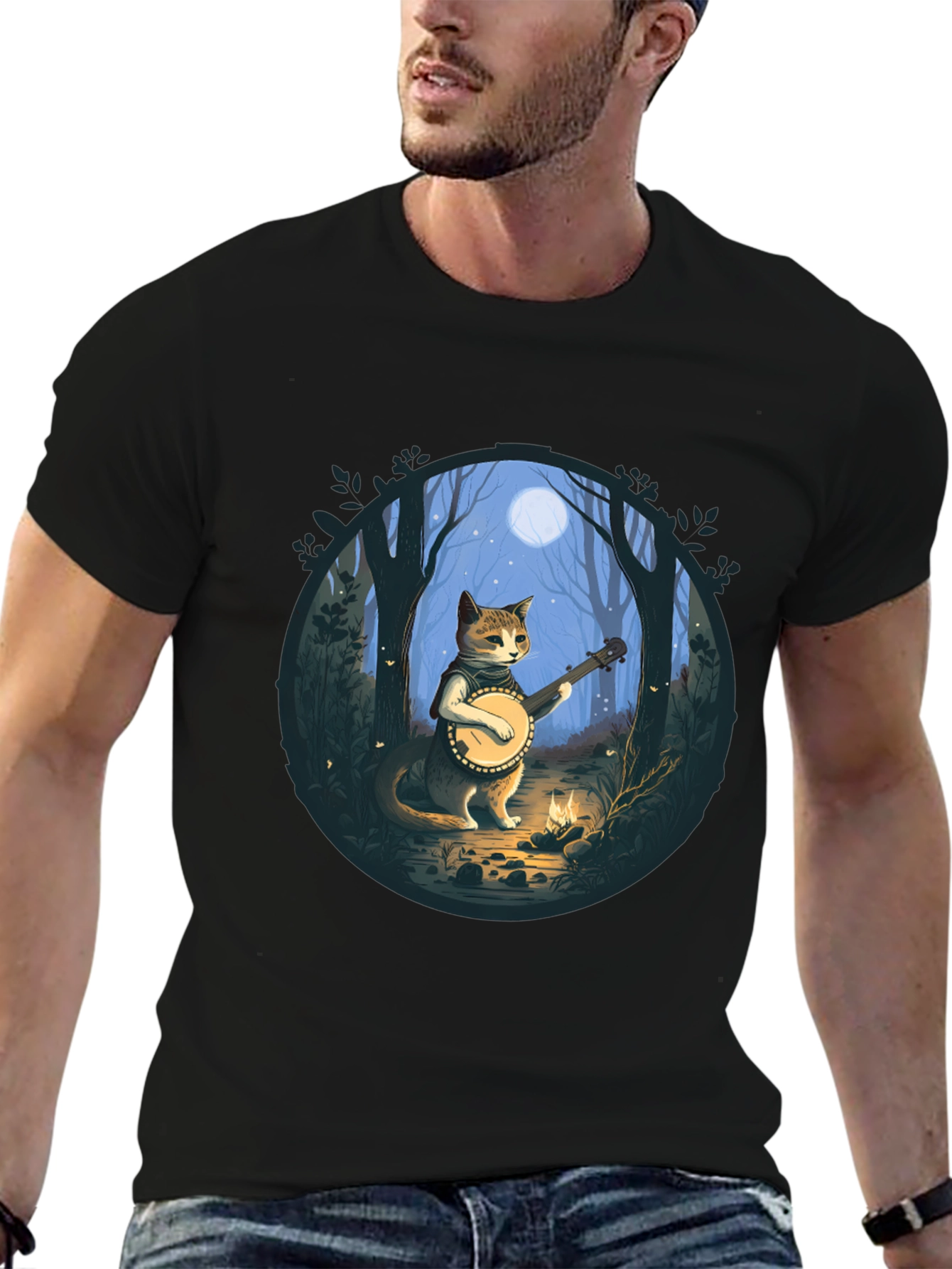 Banjo Cat T-Shirt - Forest Moonlight Design