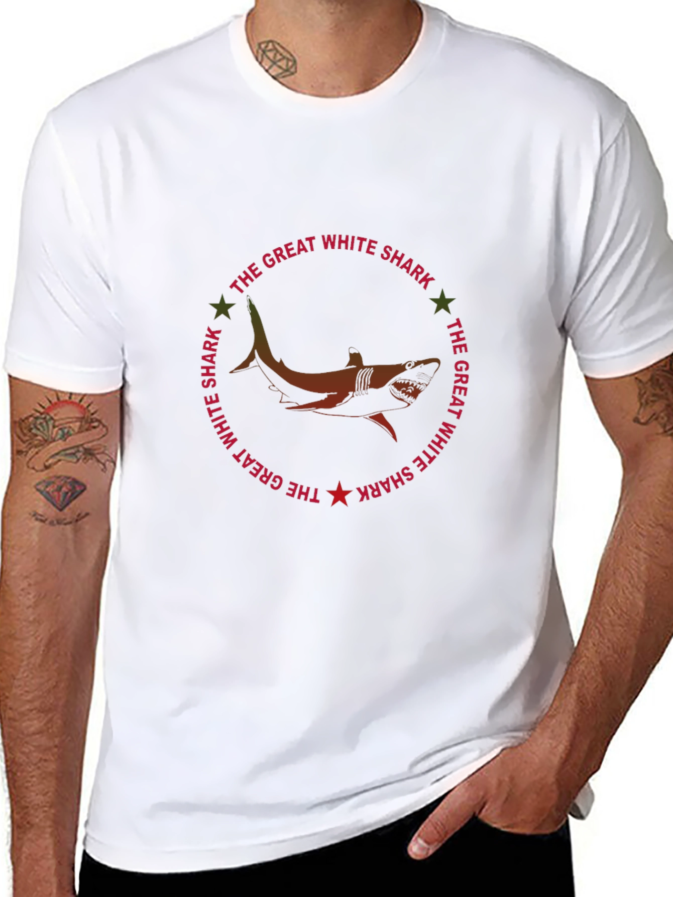 Great White Shark Graphic Print Black T-Shirt
