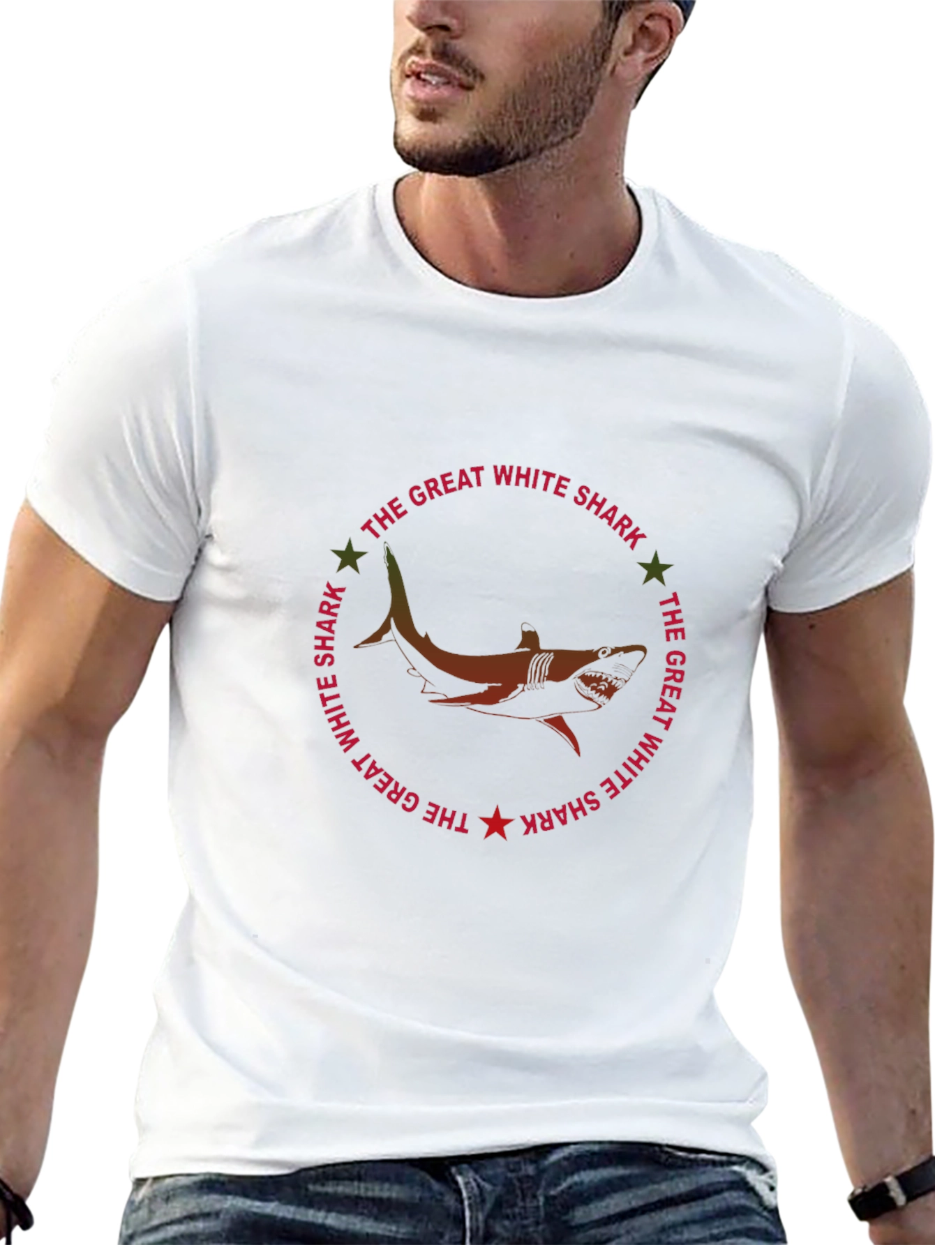 Great White Shark Graphic Print Black T-Shirt
