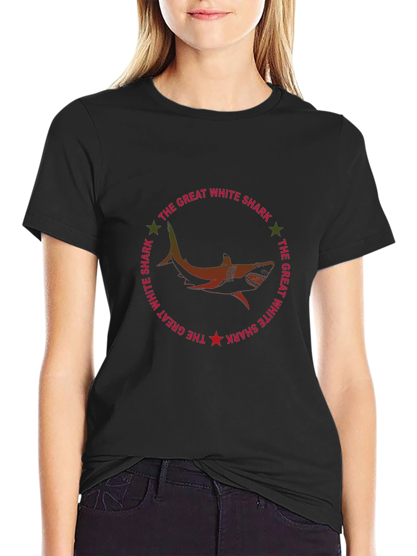 Great White Shark Graphic Print Black T-Shirt