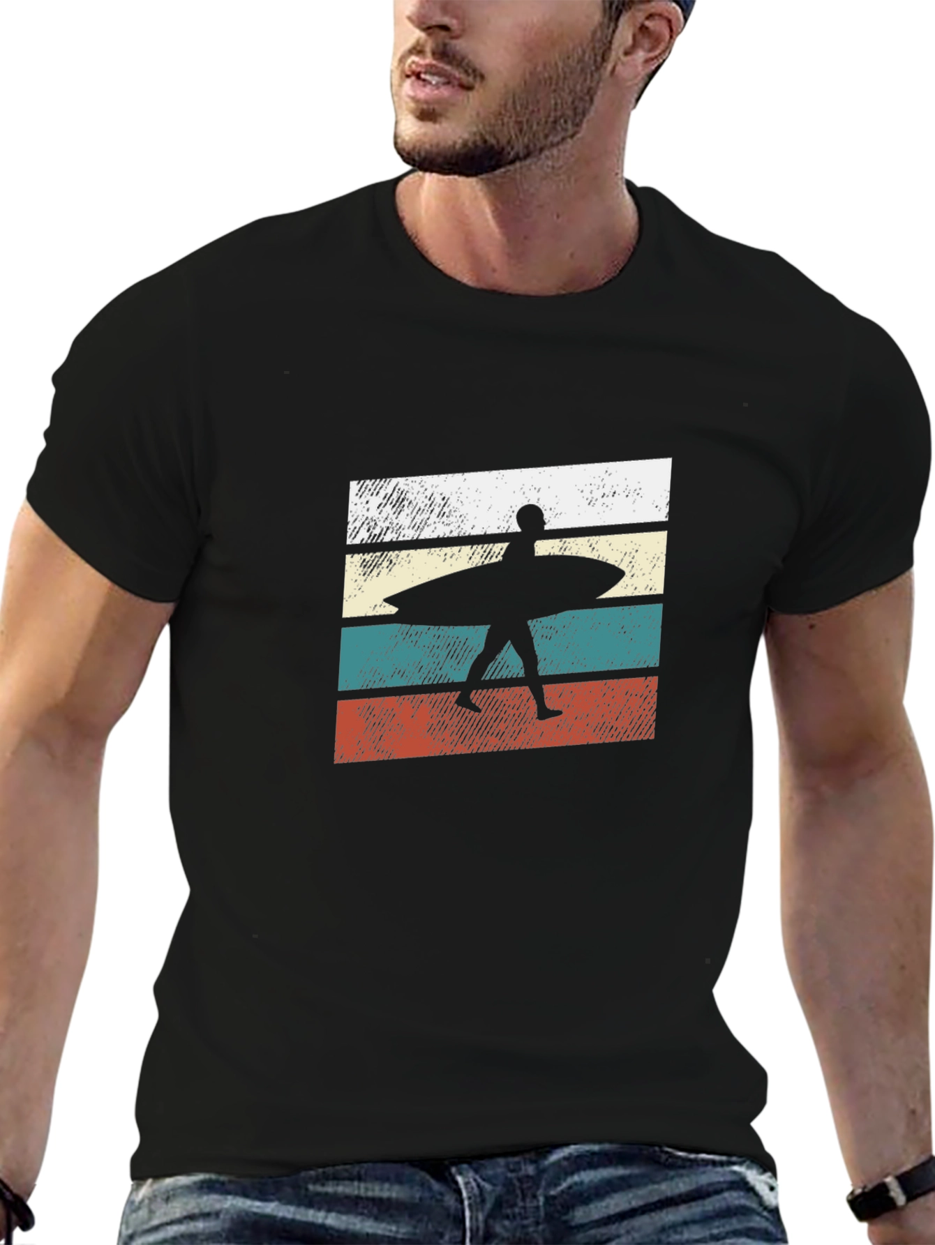Retro Surfer Graphic Tee - Black Cotton T-Shirt