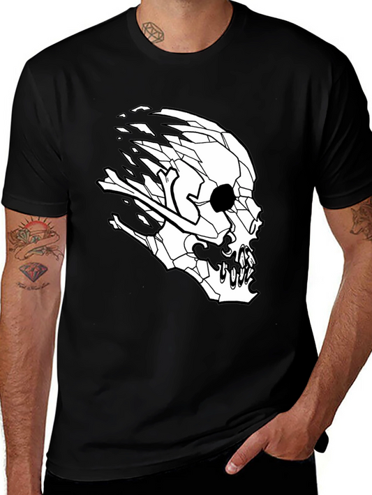 Mens Black T-Shirt with Geometric Skull Design