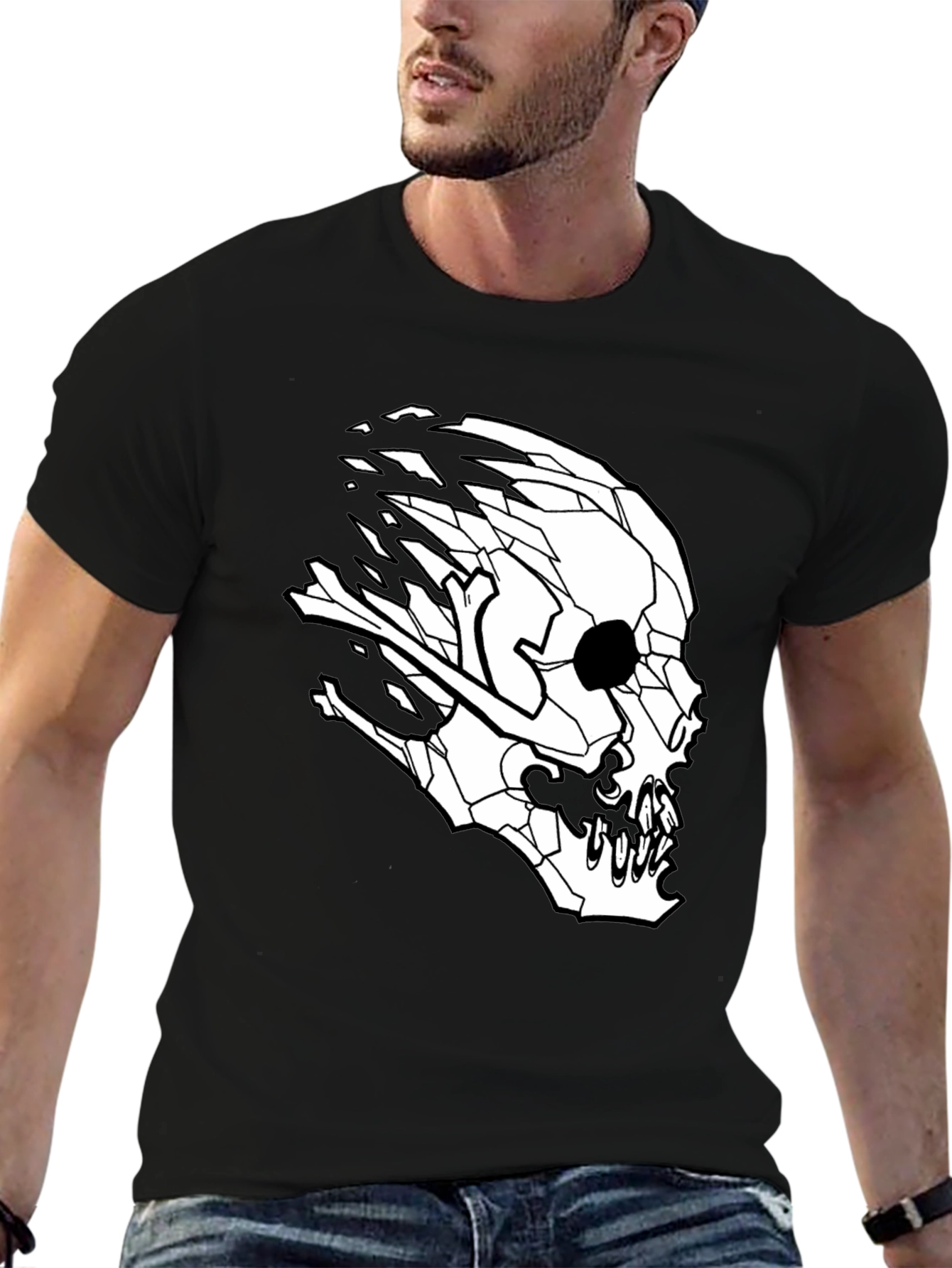 Mens Black T-Shirt with Geometric Skull Design