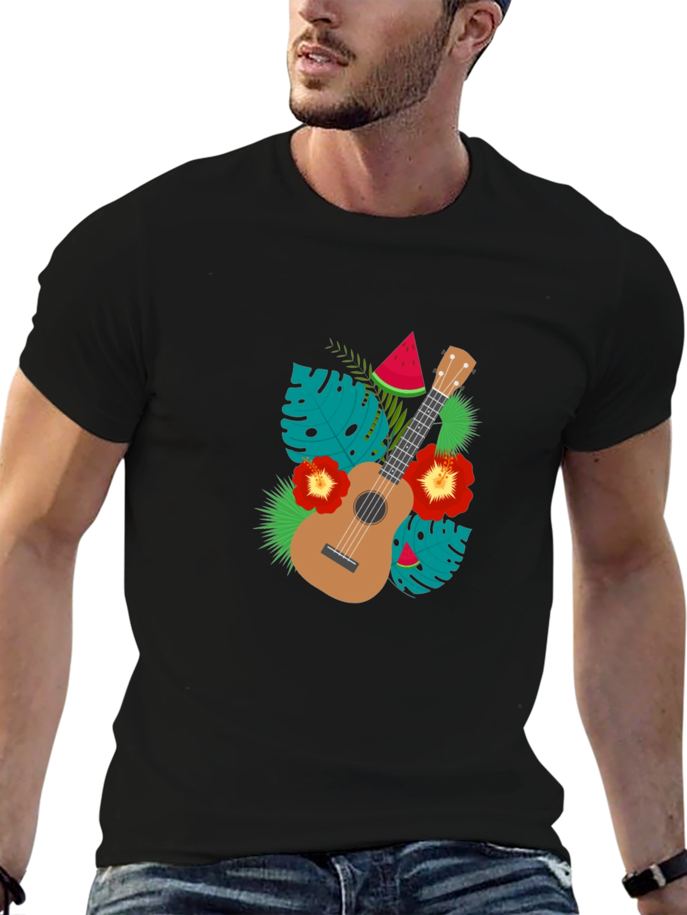 Tropical Ukulele Black T-Shirt - Summer Vibes