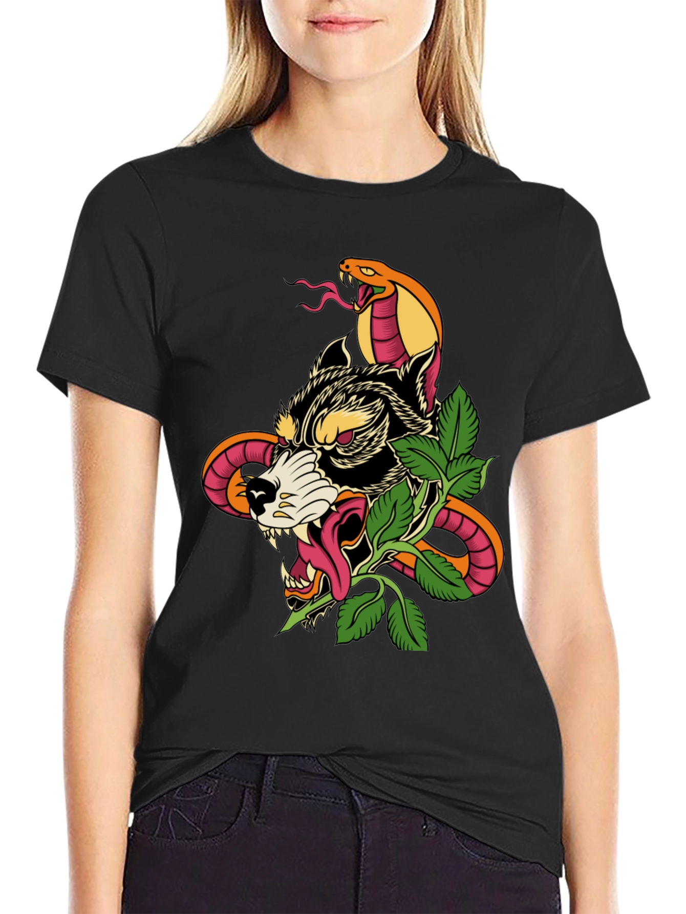 Wolf & Snake Graphic Tee - Mens Black T-Shirt