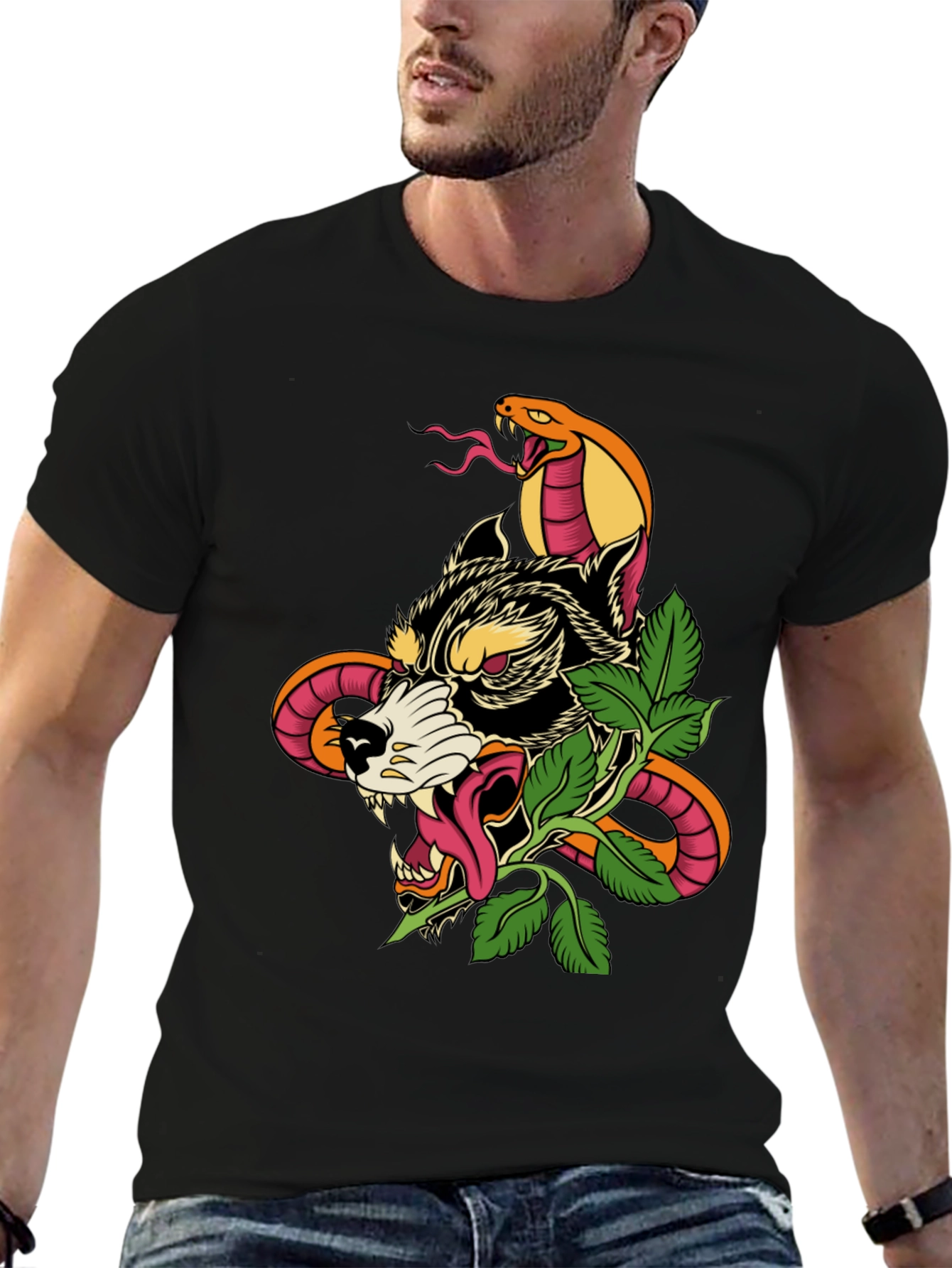 Wolf & Snake Graphic Tee - Mens Black T-Shirt