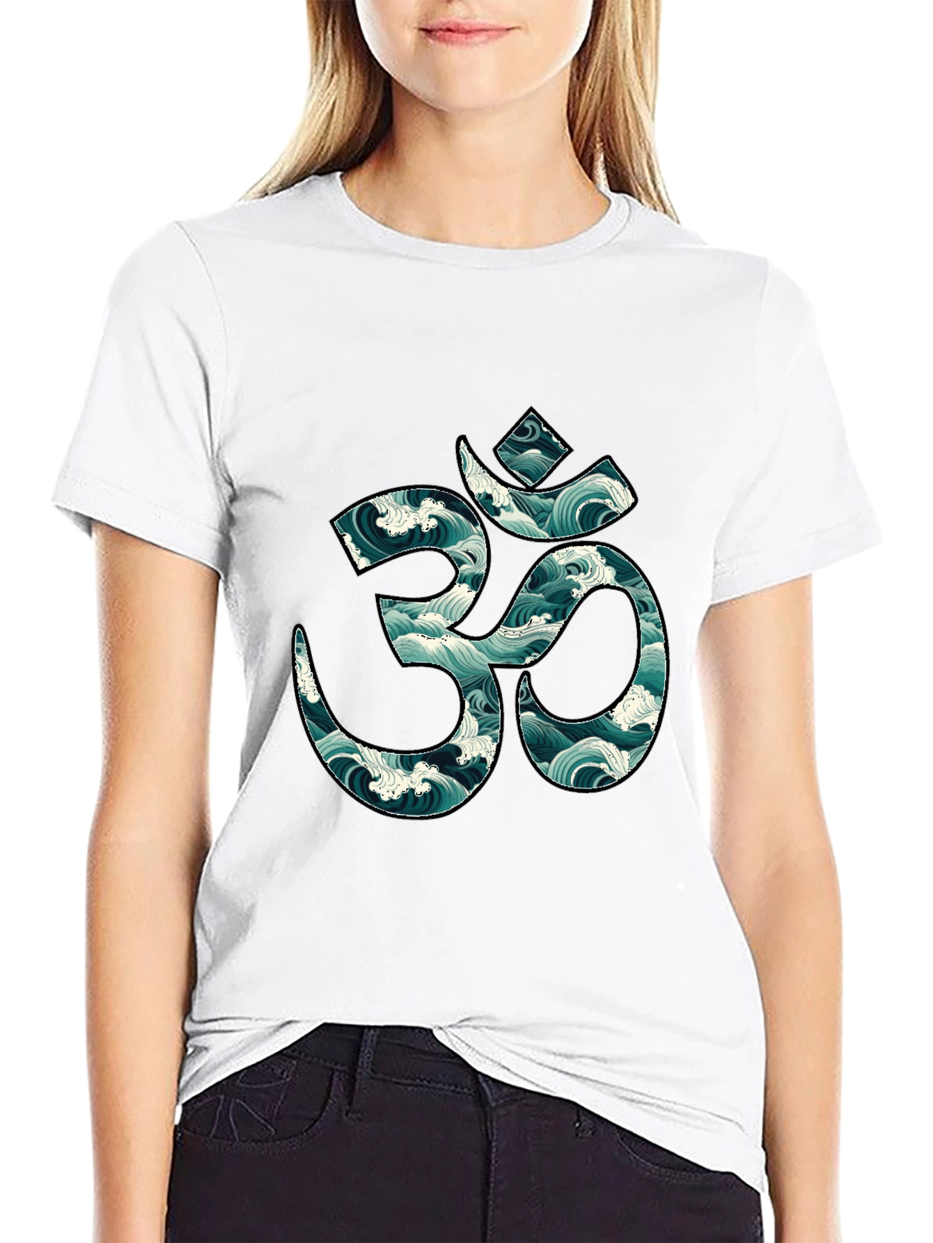 Om Symbol Wave Pattern Black T-Shirt