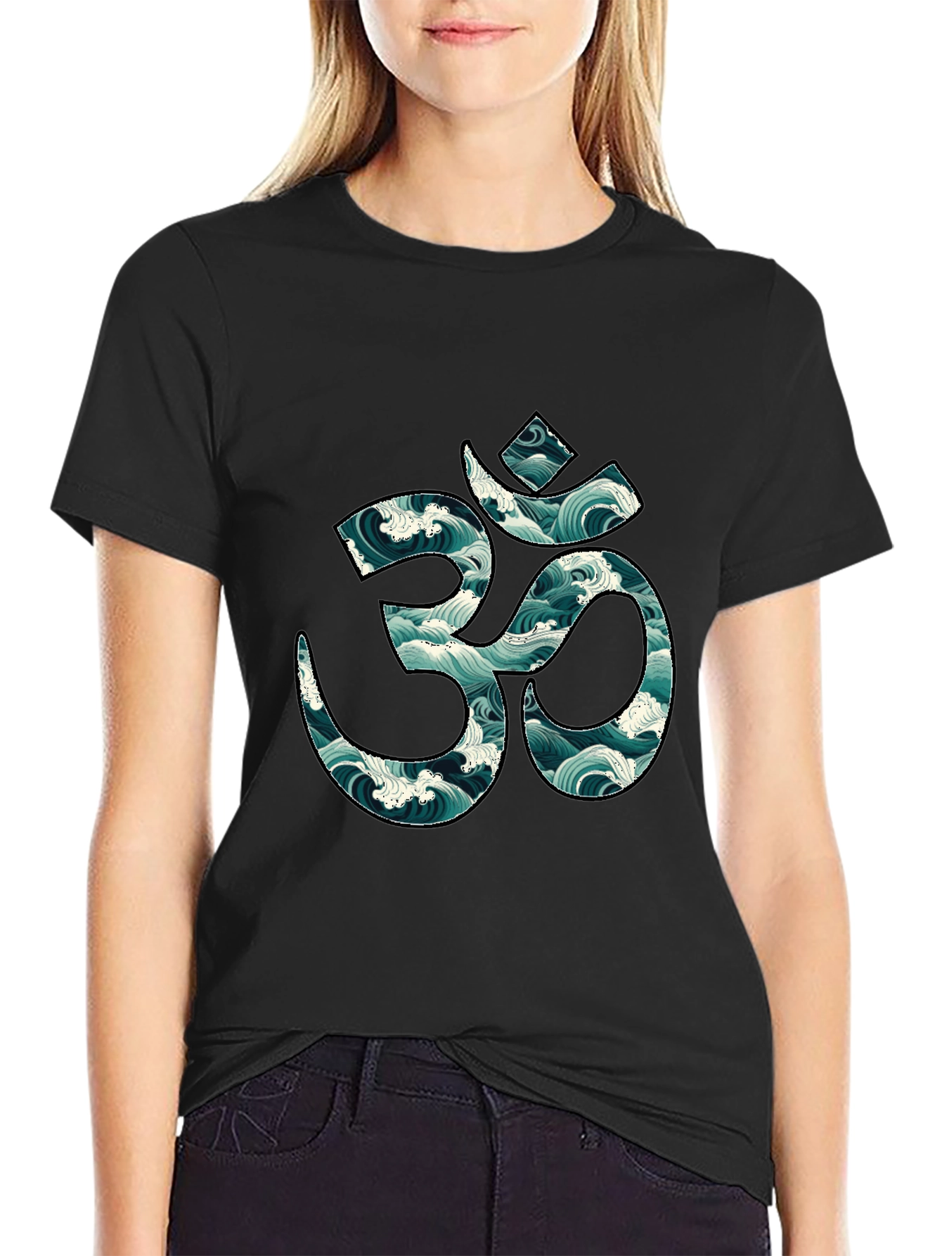 Om Symbol Wave Pattern Black T-Shirt
