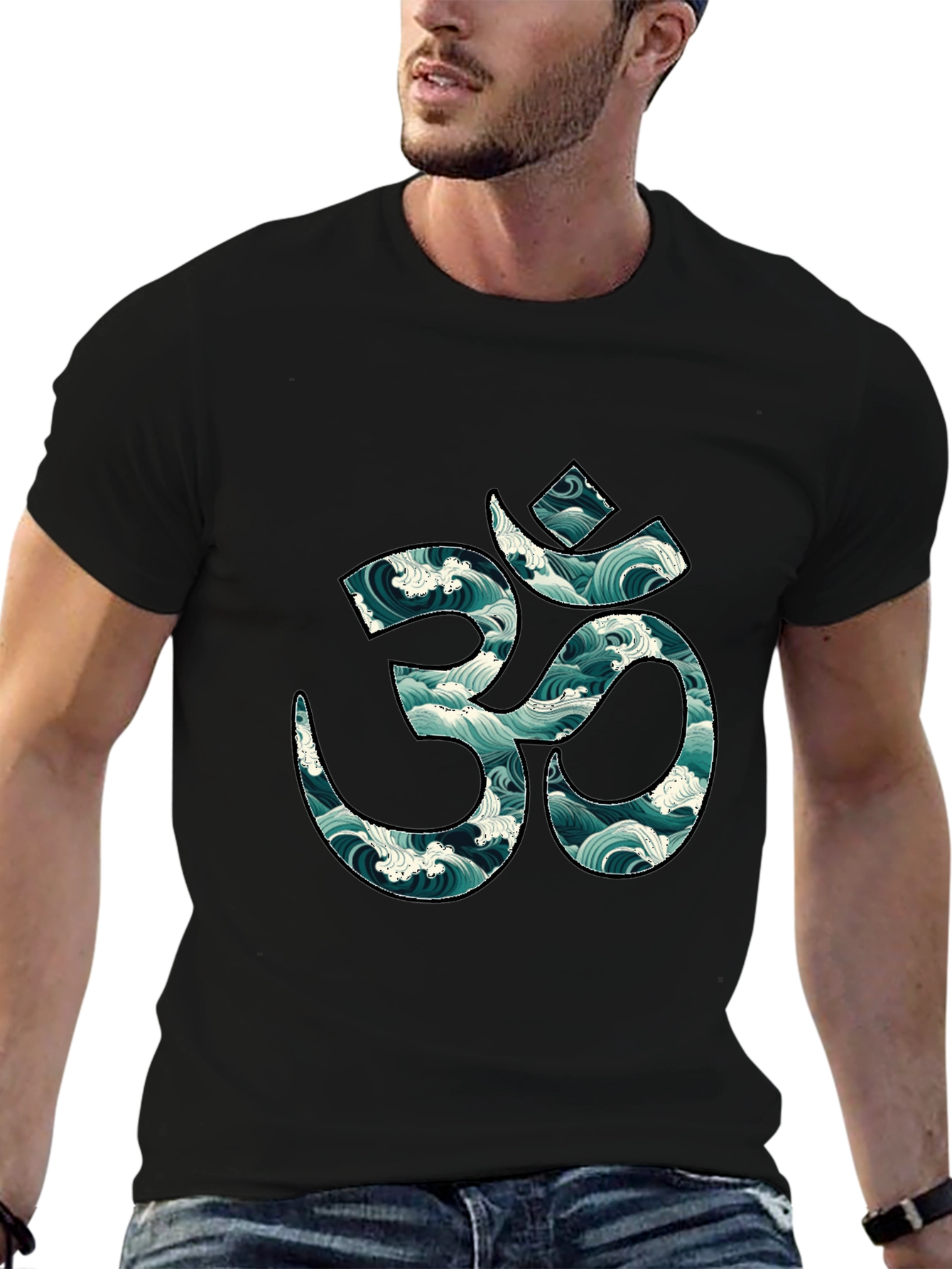 Om Symbol Wave Pattern Black T-Shirt