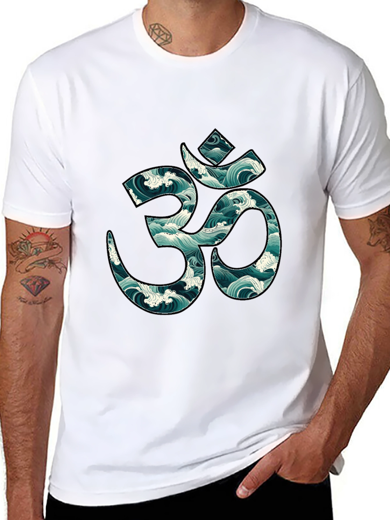 Om Symbol Wave Pattern Black T-Shirt