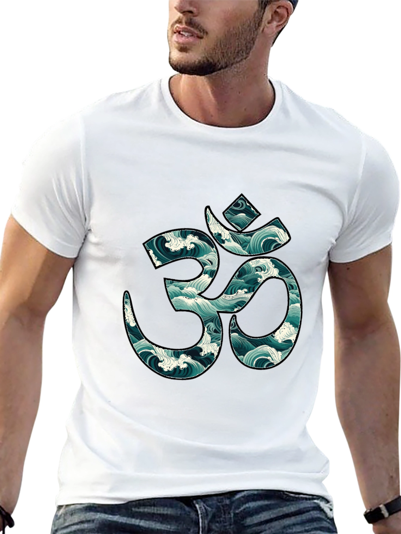 Om Symbol Wave Pattern Black T-Shirt