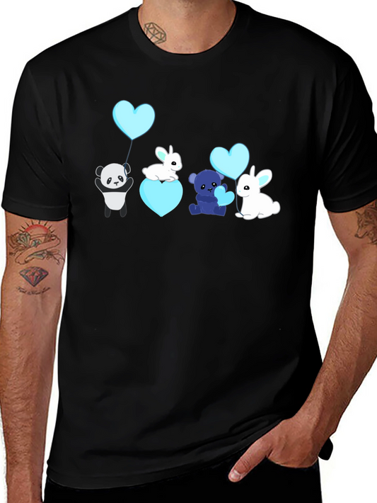 Cute Cartoon Animal Heart Balloon Black T-Shirt