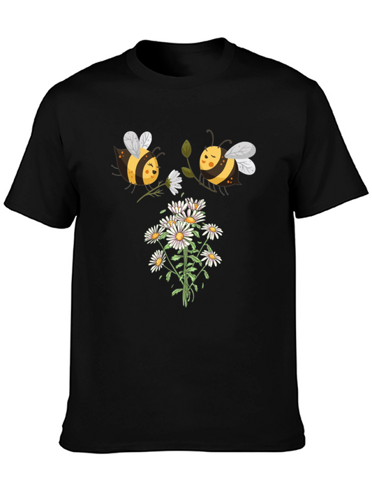 Cute Bee & Daisy Graphic Tee - Black Cotton Comfort