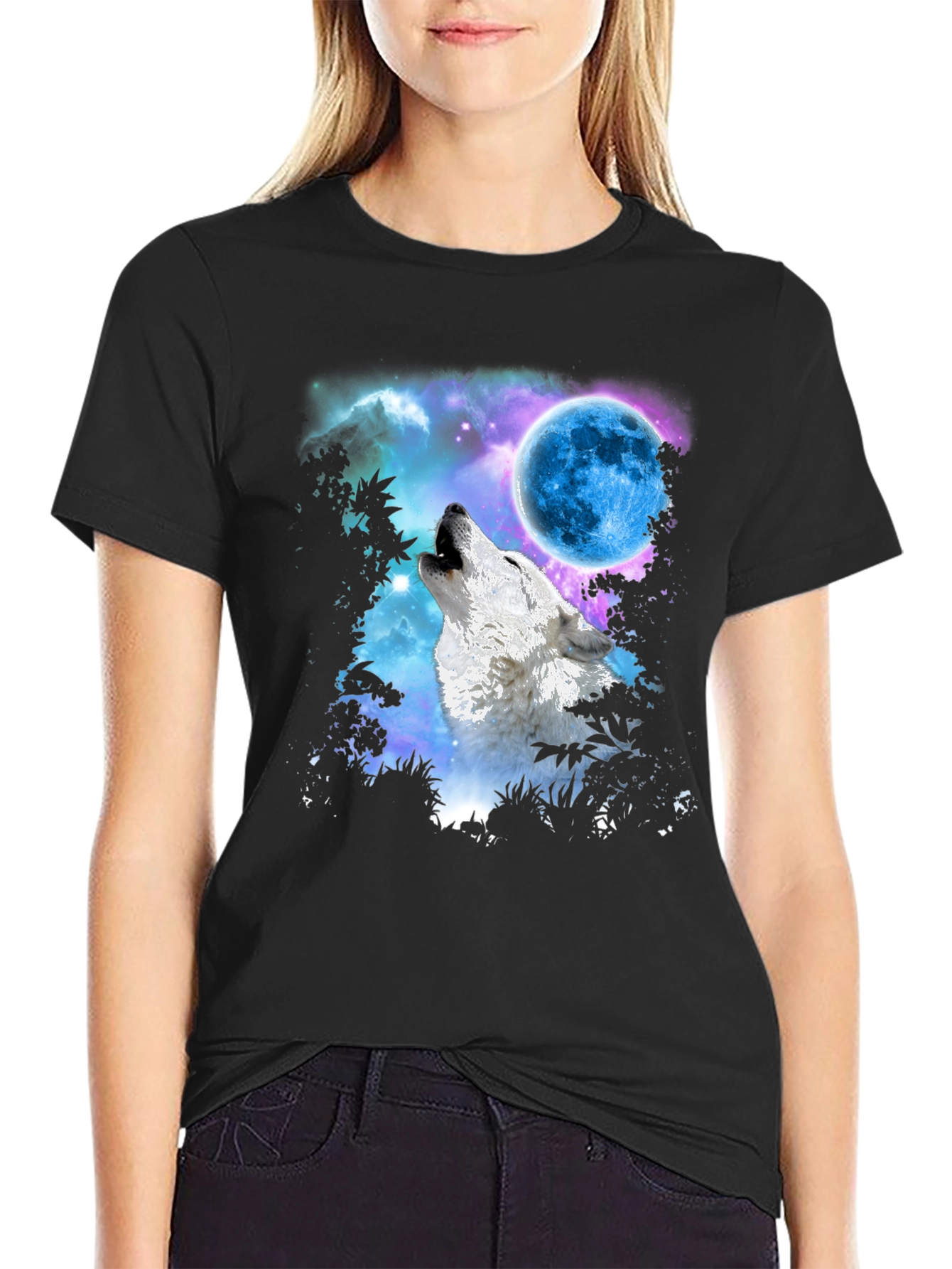 Wolf Howling at Blue Moon Graphic Tee - Black