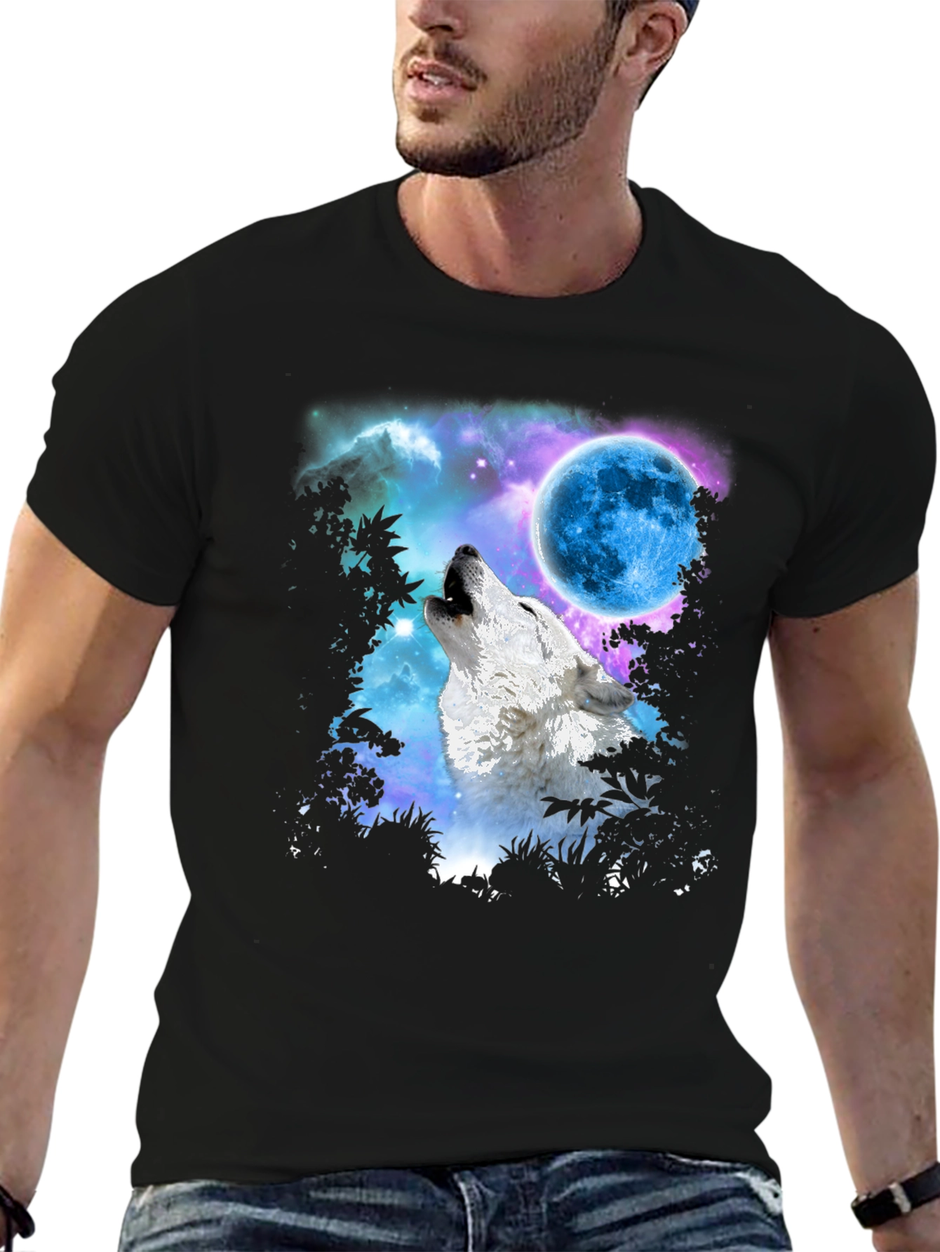 Wolf Howling at Blue Moon Graphic Tee - Black