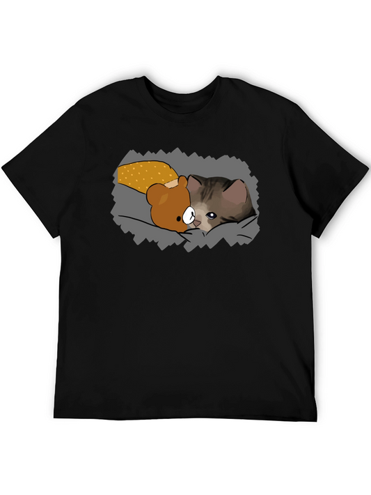 Cute Cartoon Cat & Bear T-Shirt - Black