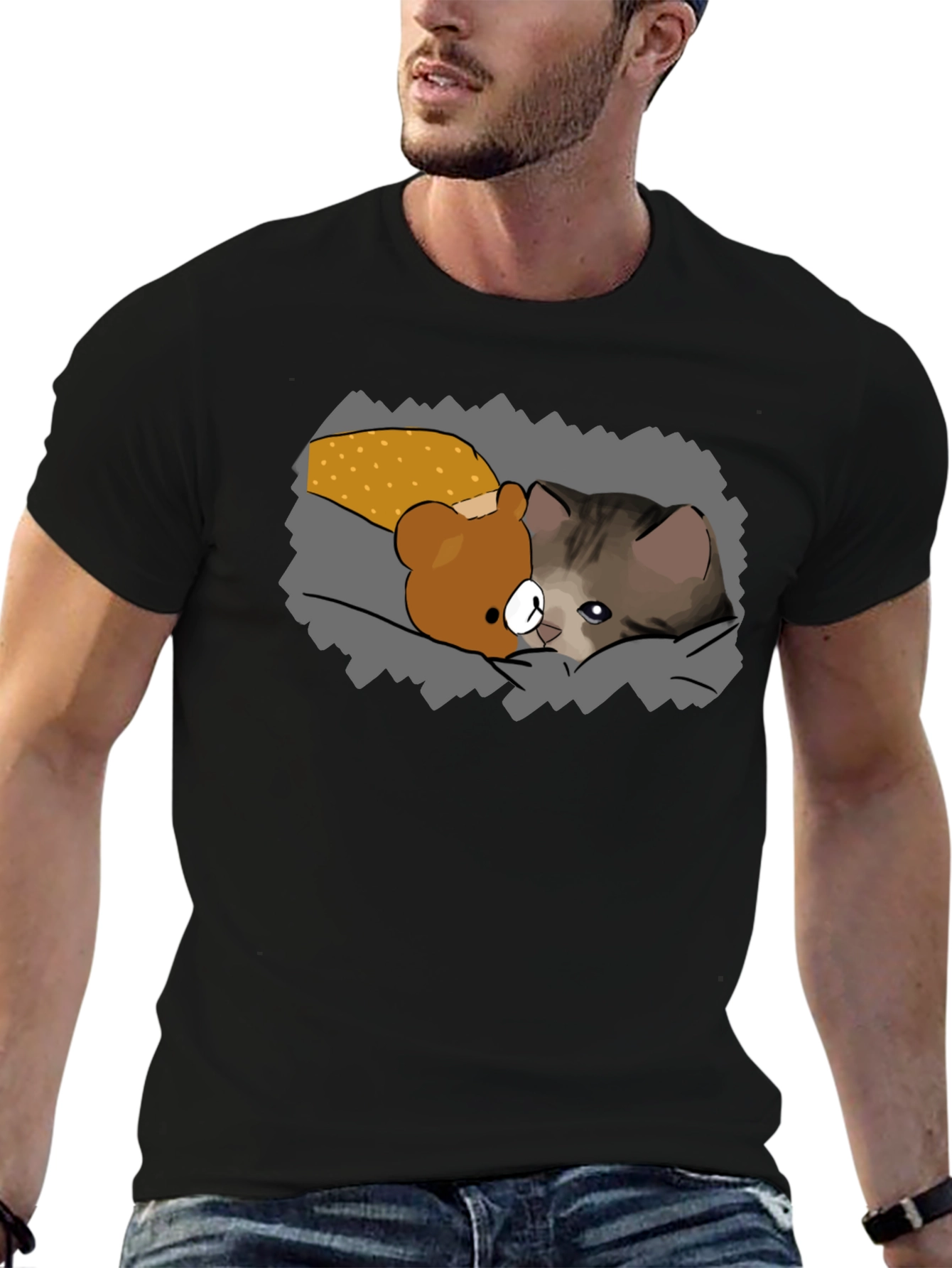 Cute Cartoon Cat & Bear T-Shirt - Black