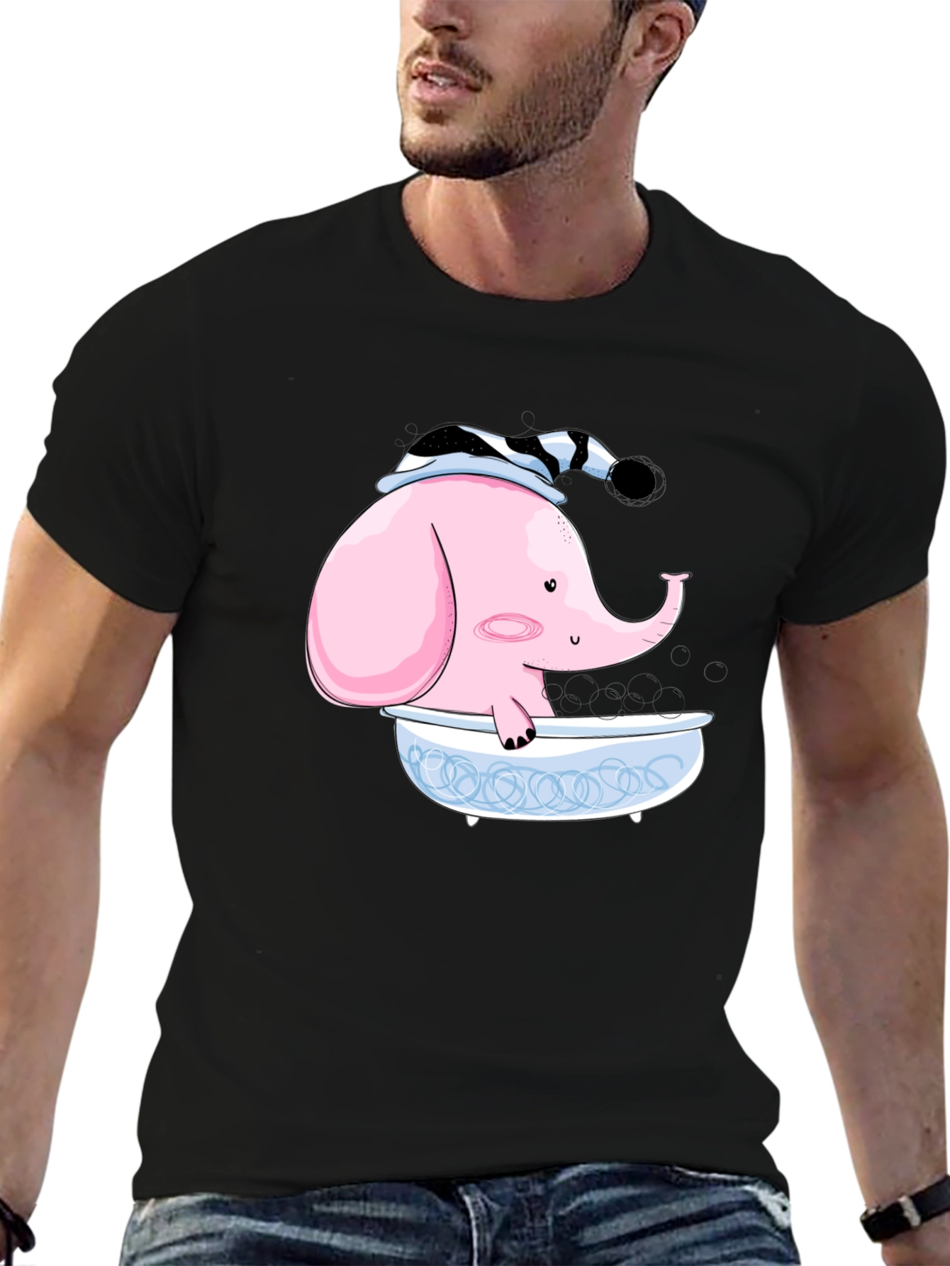 Elephant in Tub Graphic Tee - Black Cotton T-Shirt