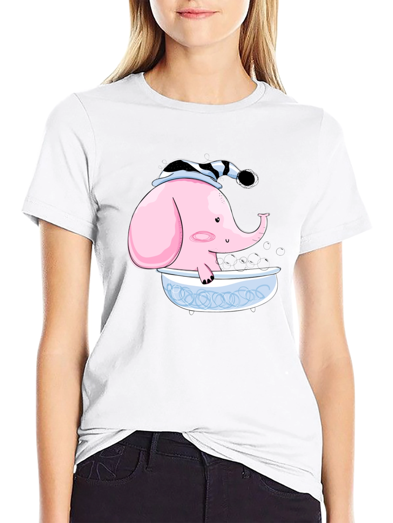 Elephant in Tub Graphic Tee - Black Cotton T-Shirt