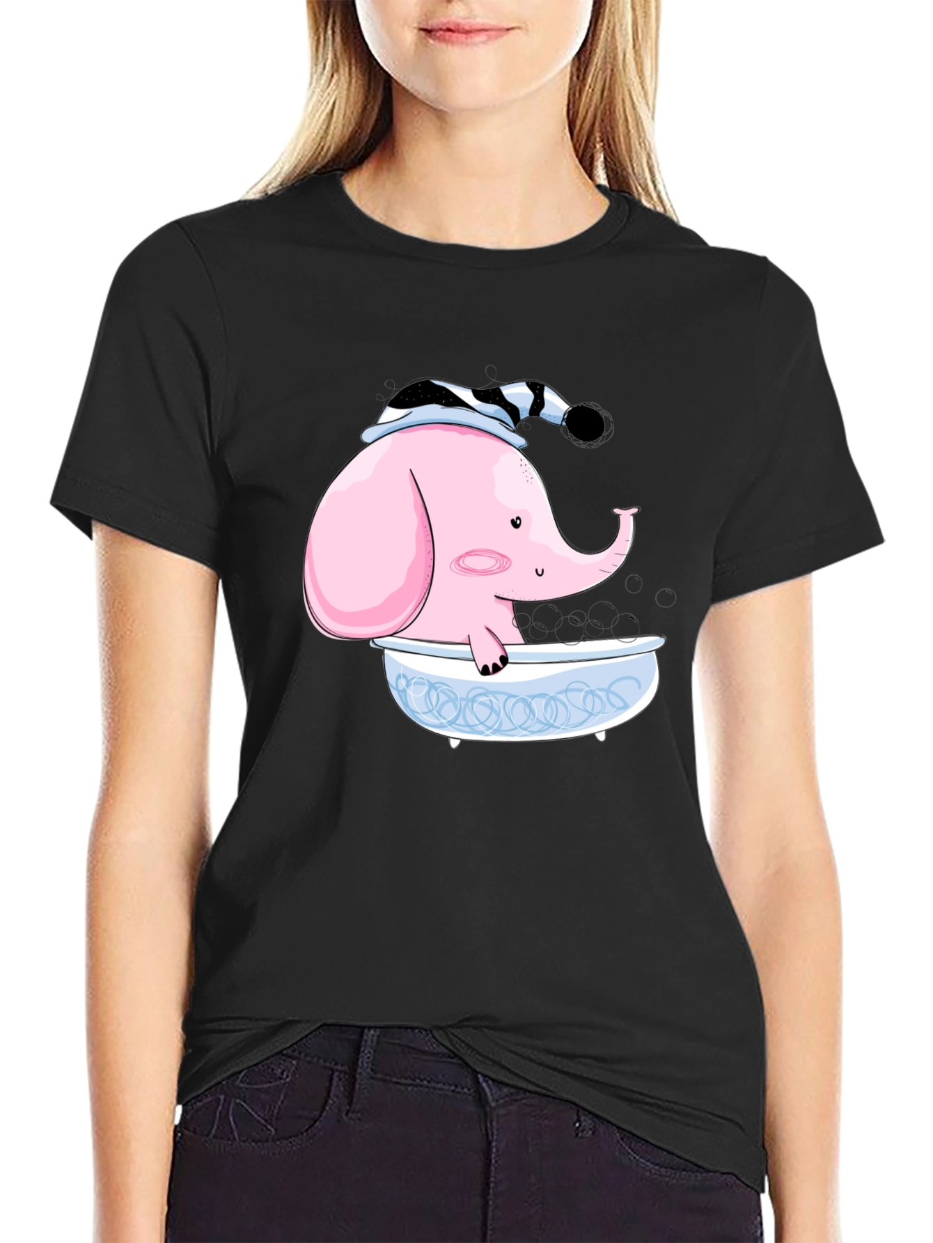 Elephant in Tub Graphic Tee - Black Cotton T-Shirt