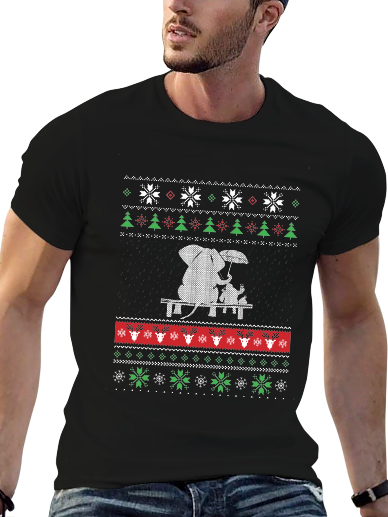 Whimsical Elephant & Cat Ugly Christmas T-Shirt