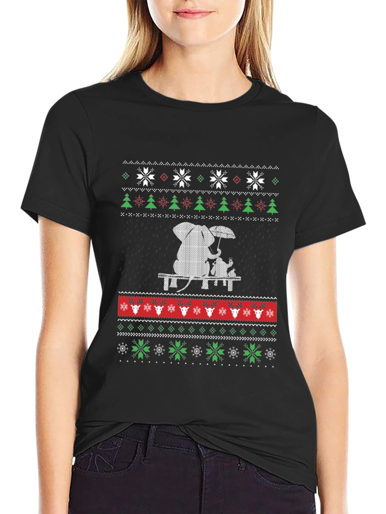 Whimsical Elephant & Cat Ugly Christmas T-Shirt