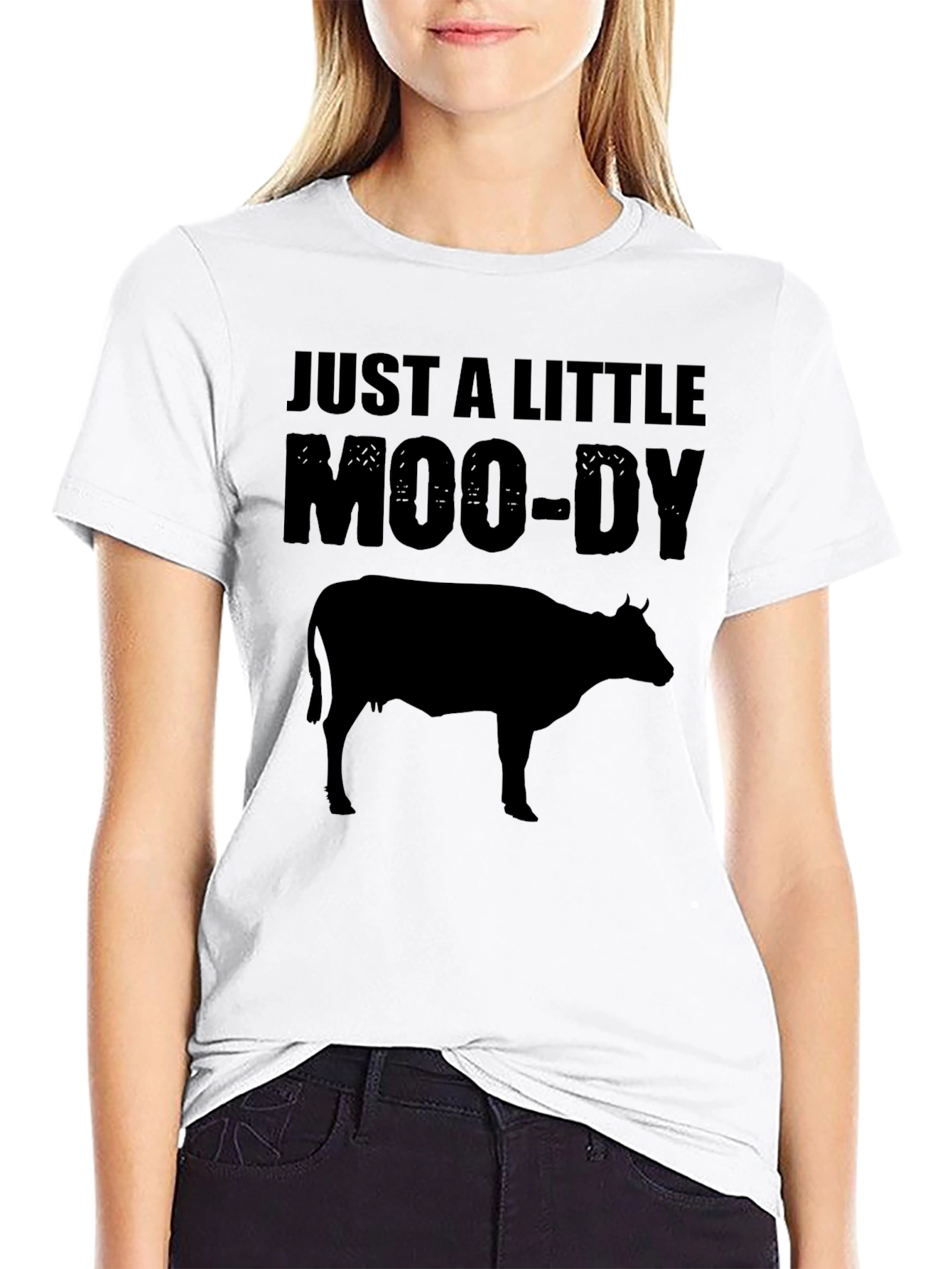 Just a Little Moo-Dy Black Graphic T-Shirt