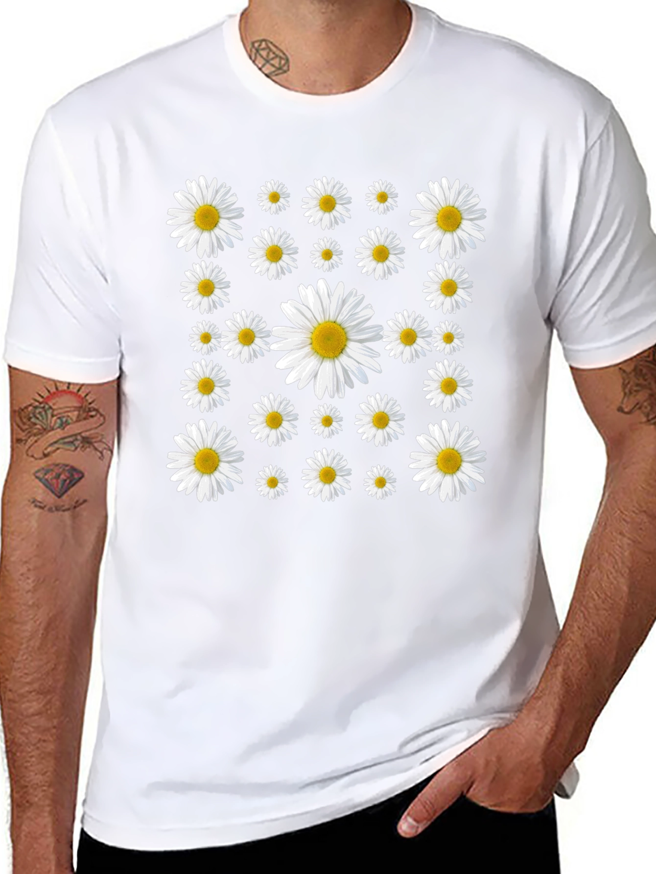 Daisy Pattern T-Shirt - Black Cotton Tee