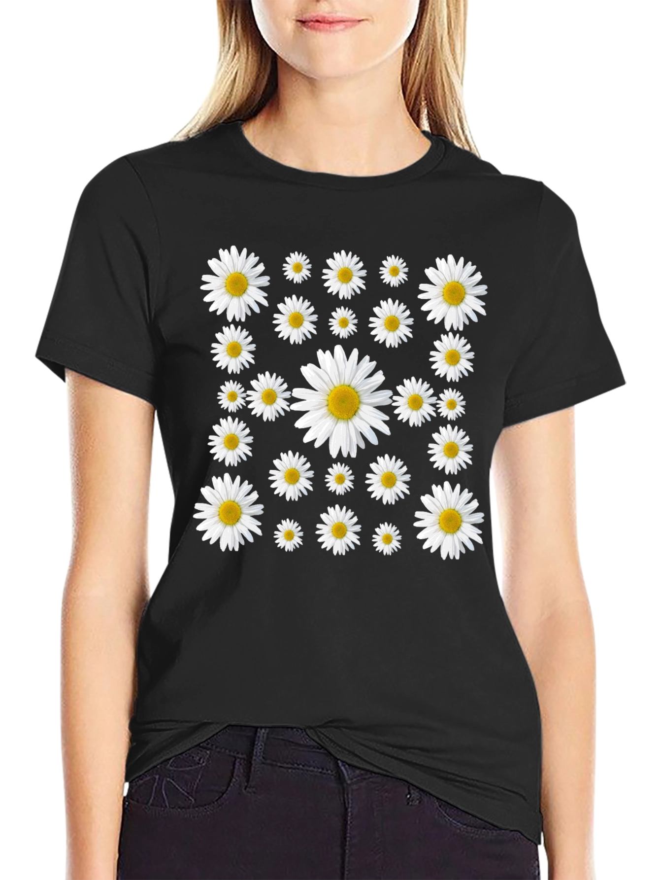 Daisy Pattern T-Shirt - Black Cotton Tee