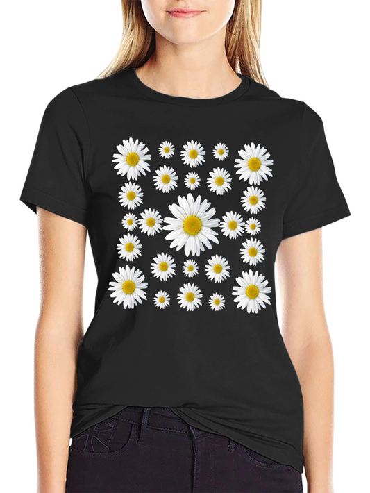 Daisy Pattern T-Shirt - Black Cotton Tee