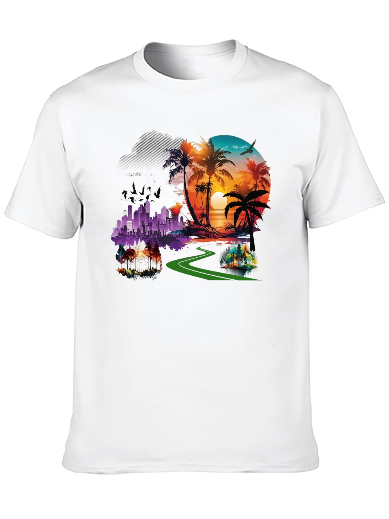 Tropical Cityscape Graphic Black T-Shirt