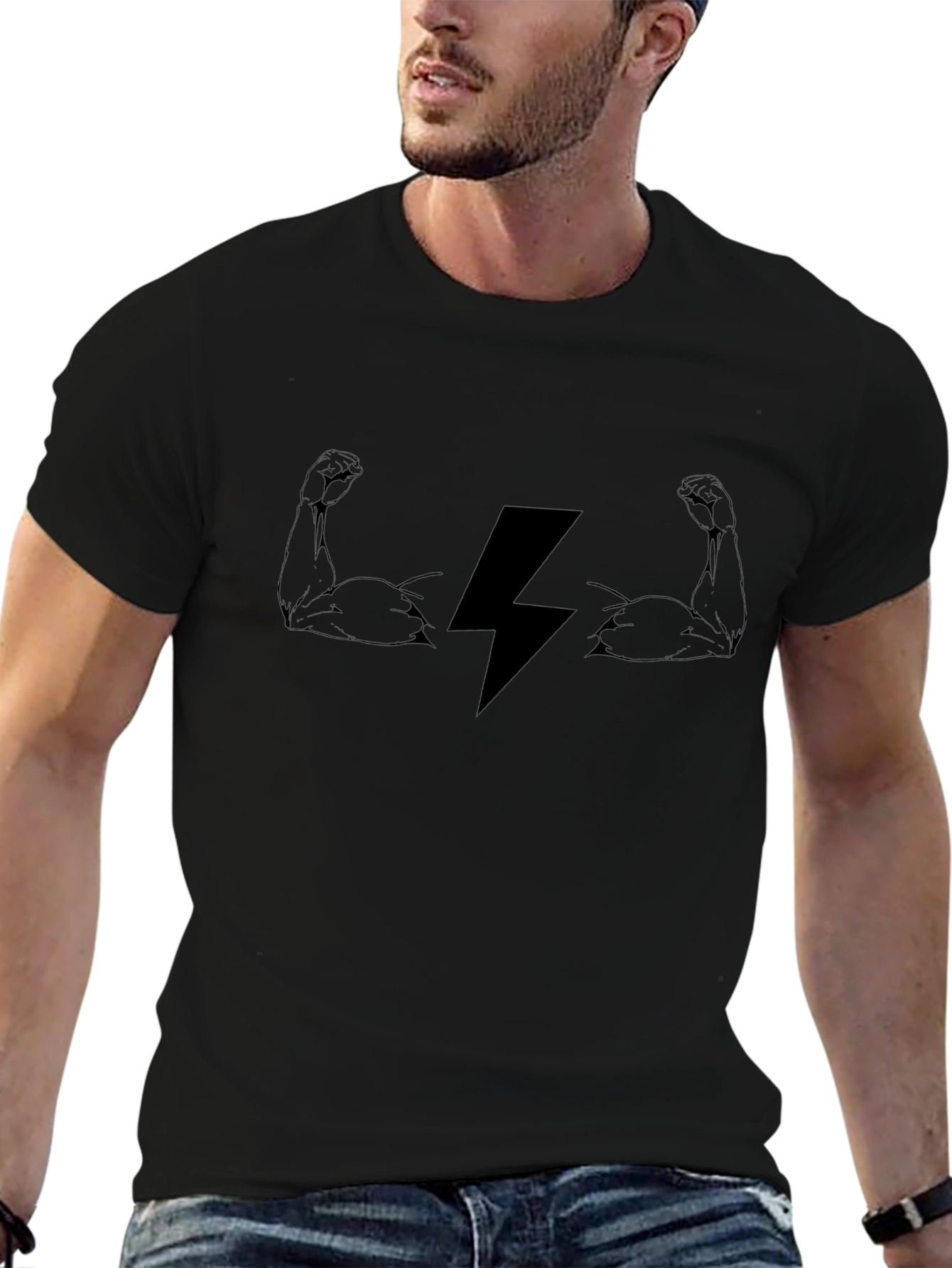 Black Graphic Tee - Lightning Bolt & Muscles